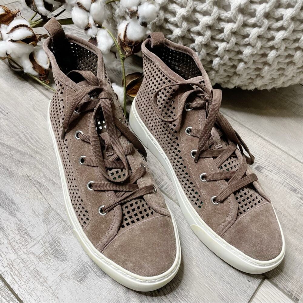 1. State Dulcia Perforated Leather Lace Up High Top Sneakers Brown Taupe Size 8M - Picture 3 of 8